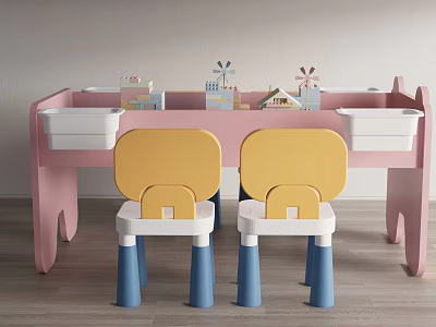 Pink Kids Play Table With Yellow Chairs And Blue Legs Including Small Decorative Toys 3d model
