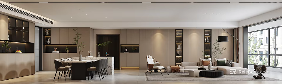 Modern Living Dining Room Interior With Sofa Dining Table And Decorative Shelves 3d model