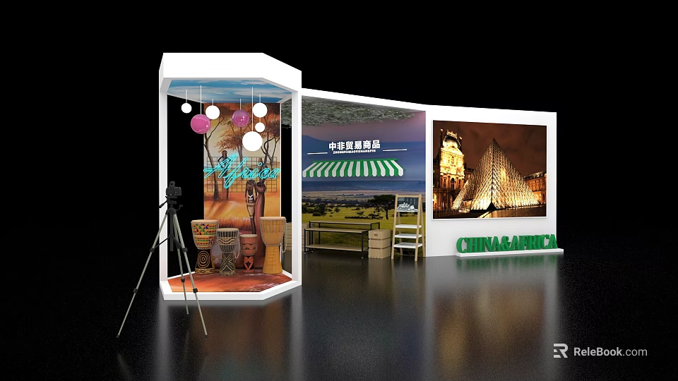 Hexagonal Exhibition Island with Transparent Design Hanging Lights Clay Pots and World Heritage Screen 3d model 