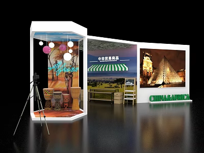 Hexagonal Exhibition Island with Transparent Design Hanging Lights Clay Pots and World Heritage Screen 3d model