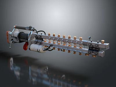 Mechanical Weapon With Metal Structure Multiple Brass Round Components And Red Safety Element 3d model