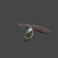 3D Model Knife with Textured Blade Brown Leather Wrapped Handle and Sheath with Metal Accents