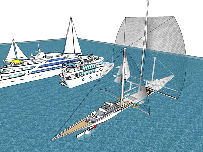 Sailboat With White Sails Sailing On Blue Sea Near Luxury Yachts 3d model