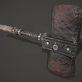 Vintage Decorative Hammer With Stone Head And Wooden Handle Featuring Metal Accents