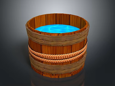 Wooden Washing Bucket with Rope Wrapped Design and Blue Liquid Inside for Daily Cleaning 3d model