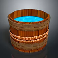 Wooden Washing Bucket with Rope Wrapped Design and Blue Liquid Inside for Daily Cleaning