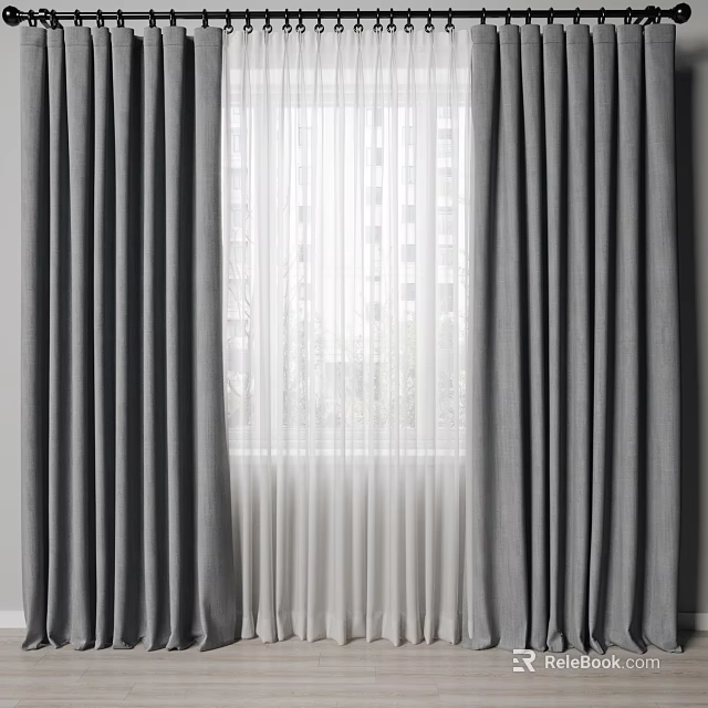 Elegant Gray Curtains With White Sheer Layer And Building View Through Window 3d model 