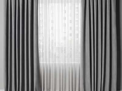 Elegant Gray Curtains With White Sheer Layer And Building View Through Window 3d model