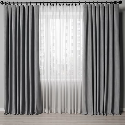 Elegant Gray Curtains With White Sheer Layer And Building View Through Window 3d model