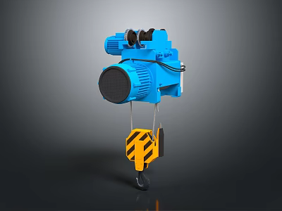 Blue Industrial Electric Hoist Lifting Device With Yellow Black Warning Stripes Hook 3d model
