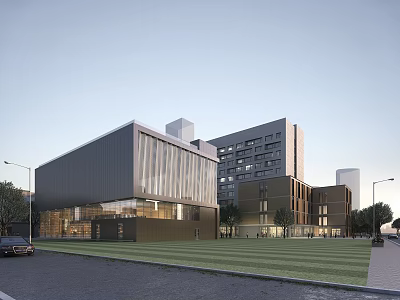 Modern Gymnasium Building With Glass Facade Metal Exterior And Green Lawn Area 3d model