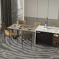 Elegant Modern Dining Table Set With Marble Top And Beige Chairs On Patterned Rug 3d model