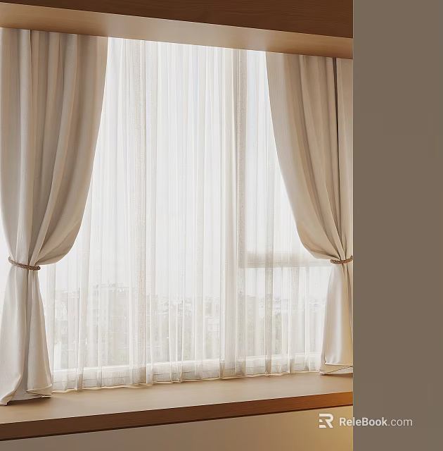 Beige Curtains With Sheer Panels And Tiebacks For Large Window Natural Light 3d model 