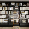 Large Dark Wooden Bookcase With Multiple Shelves Filled With Books And Wooden Ladder