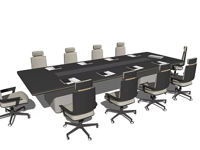 Modern Black Rectangular Conference Table With Rolling Office Chairs And Documents 3d model