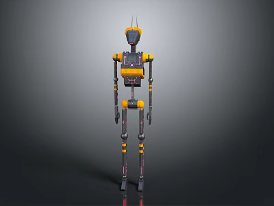 Mechanical Robot Character With Yellow Black Color Slender Limbs Antenna Head And Metallic Texture 3d model