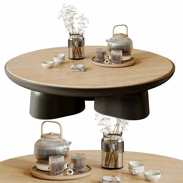 Modern Round Wooden Coffee Table With Black Base Tea Set Vase And Cups On Top 3d model 