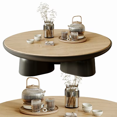 Modern Round Wooden Coffee Table With Black Base Tea Set Vase And Cups On Top 3d model