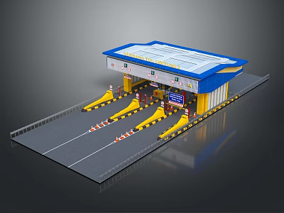 Modern Toll Gate Facility Featuring Blue Yellow Roof Lanes And Barriers 3d model