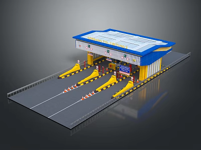 Modern Toll Gate Facility Featuring Blue Yellow Roof Lanes And Barriers 3d model