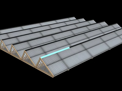 Industrial Factory Building With Metal Sloped Roofs And Skylight Strips 3d model