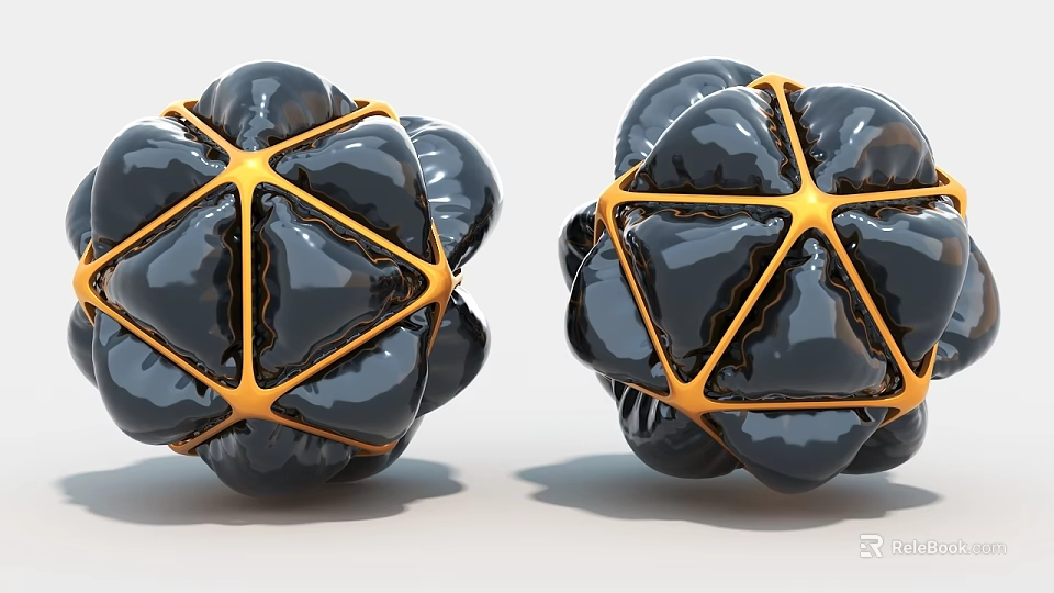 Two Black Spherical Art Installations With Yellow Geometric Frames And Sleek Surfaces 3d model