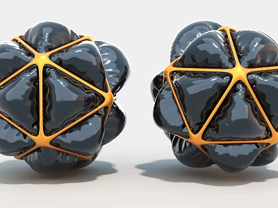 Two Black Spherical Art Installations With Yellow Geometric Frames And Sleek Surfaces 3d model