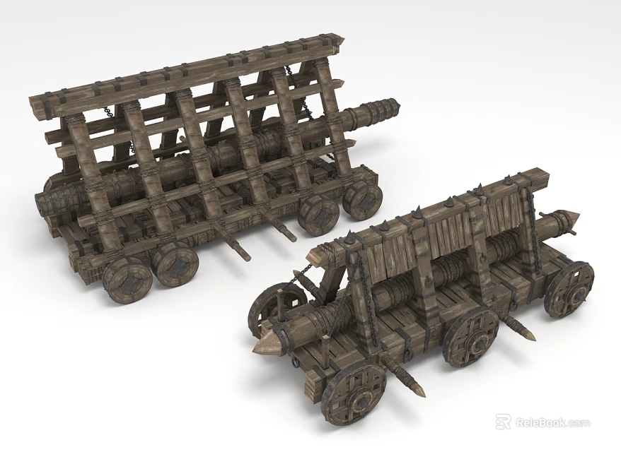 Ancient Wooden Wheeled Industrial Equipment with Structural Frames and Mechanisms 3d model 