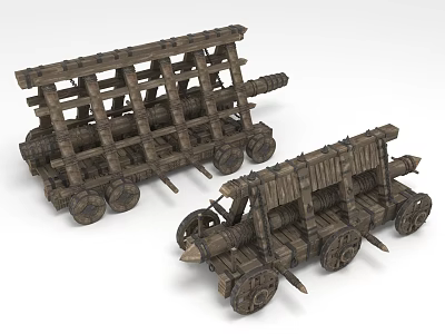 Ancient Wooden Wheeled Industrial Equipment with Structural Frames and Mechanisms 3d model