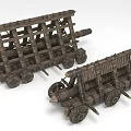 Ancient Wooden Wheeled Industrial Equipment with Structural Frames and Mechanisms