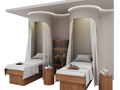 Luxury Massage Beds With Wooden Frames White Linens And Canopies In Relaxation Space 3d model