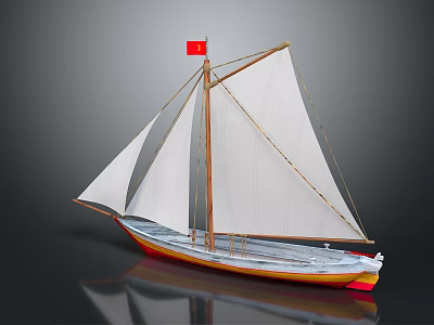 Detailed Sailboat Model With White Sails Brown Masts Red Flag And Red White Hull 3d model