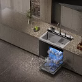 Modern Kitchen Interior With Open Dishwasher Holding Clean Dishes Island Countertop And Cabinets