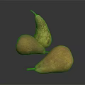 Three Yellow And Orange Speckled Pears On Black Smooth Surface With Reflections