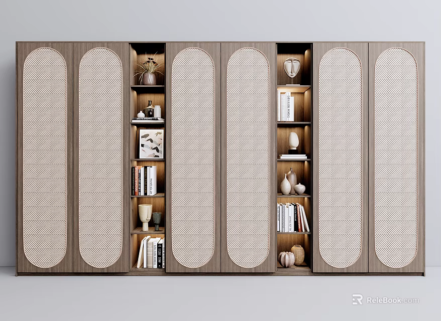 Modern Bookshelf With Wooden Frame Rattan Panels Open Shelves Built In Lighting And Books 3d model 