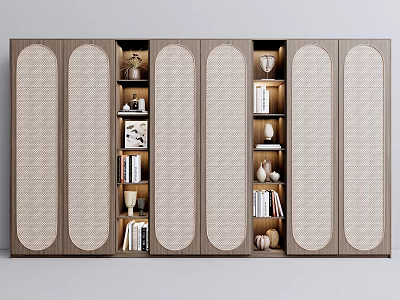 Modern Bookshelf With Wooden Frame Rattan Panels Open Shelves Built In Lighting And Books 3d model