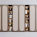 Modern Bookshelf With Wooden Frame Rattan Panels Open Shelves Built In Lighting And Books