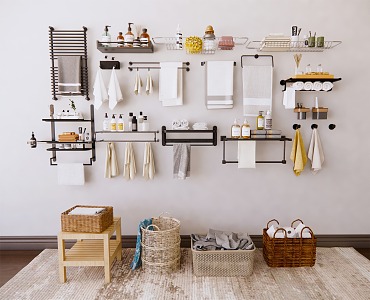 Towel Rack Storage Rack Hook Bath Supplies Bathroom Hardware Rattan Laundry Basket 3d model