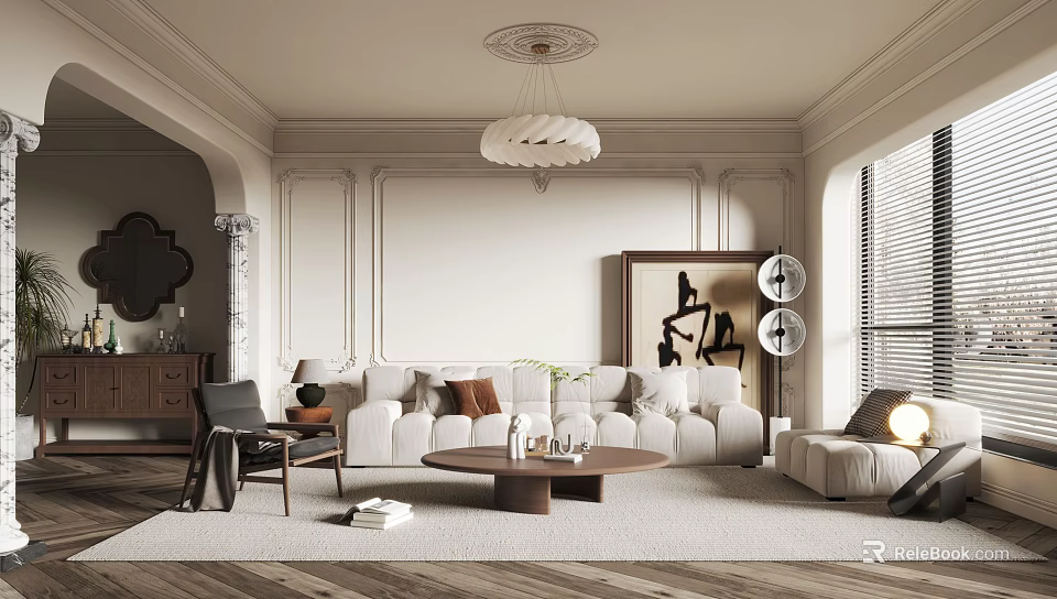 Elegant Modern Living Room Interior With Beige Sofa Round Coffee Table Chandelier And Wooden Floor 3d model 