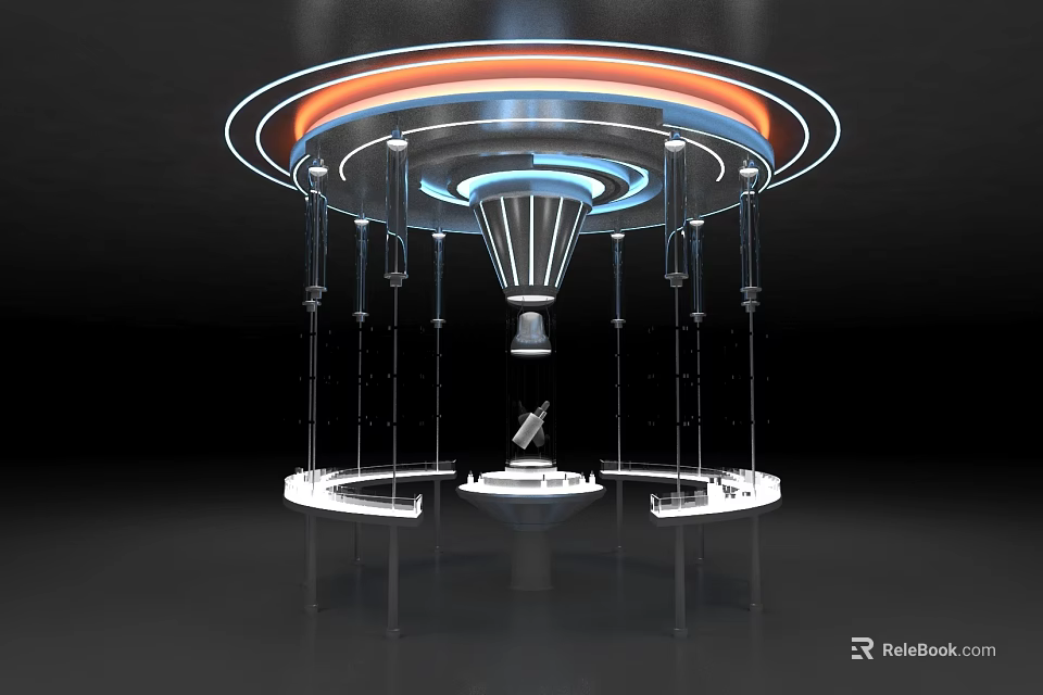 Futuristic Display Shelves With Circular Illuminated Rings Transparent Pillars And Modern Design 3d model 