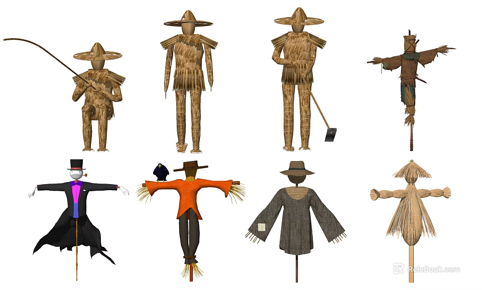 Various Scarecrow Designs Functioning As Agricultural Equipment For Farm Bird Deterrent 3d model 