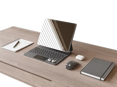 Modern Desktop Accessories Set With Tablet Keyboard Notebooks Pen And Mice On Wooden Desk 3d model