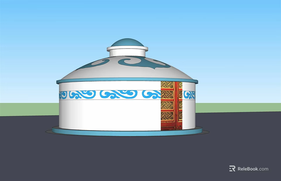 Traditional White Yurt With Blue Decorations And Red Golden Patterned Door 3d model 