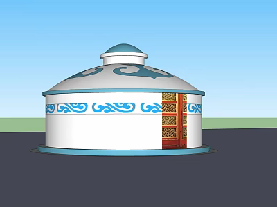Traditional White Yurt With Blue Decorations And Red Golden Patterned Door 3d model