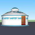 Traditional White Yurt With Blue Decorations And Red Golden Patterned Door