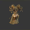 3D Fantasy Game Female Elf Character With Curly Brown Double Ponytails And Golden Bronze Corset