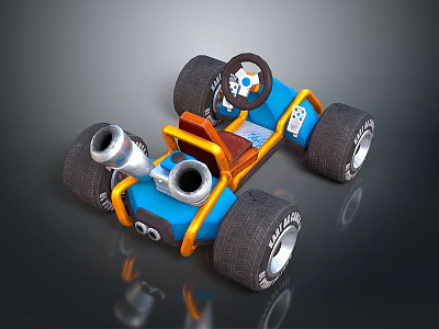 Blue and Orange Toy Go Kart With Large Wheels Orange Seat and Exhaust Pipes 3d model