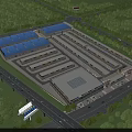 Commercial Street With Multiple Buildings Blue Roofs Surrounding Green Trees And Connected Roads