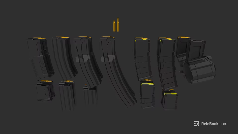 Black and Yellow Weapon Magazines in Various Shapes and Sizes on Black Background 3d model 