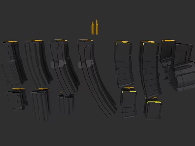 Black and Yellow Weapon Magazines in Various Shapes and Sizes on Black Background 3d model
